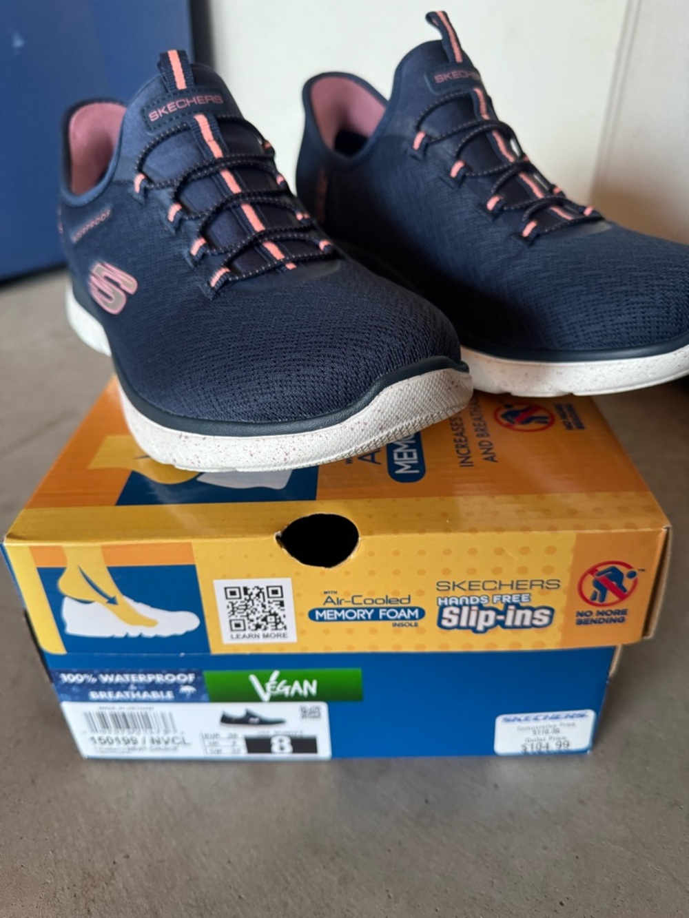 Skechers Navy Hands Free Slip-Ons with Pink Trim